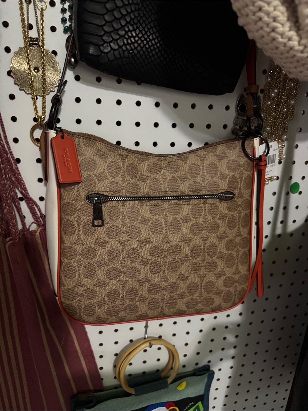 NWT Coach Khaki Signature Canvas Shoulder Bag with Orange Trim